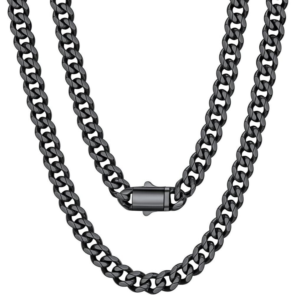 Men's 9MM Width-Black Stainless Steel Miami Cuban Curb Link Chain Necklace